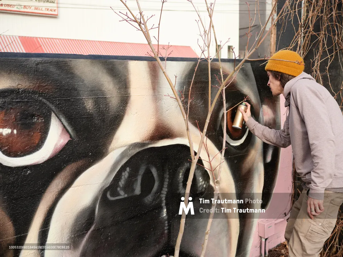 Muralist Wetiko applies golden ochre spray paint to an expressive portrait mural at Clay Creative in Portland's Hosford-Abernethy neighborhood. Wearing a mustard beanie and gray hoodie, the artist works with focused precision against the wall's dramatic black and flesh-toned imagery. Bare winter branches frame the scene, creating natural shadows that dance across the evolving artwork in the afternoon light.