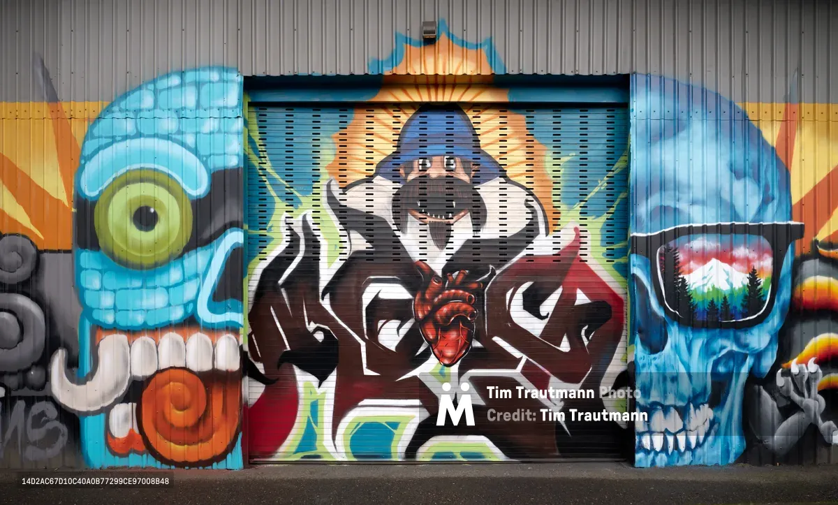 A vibrant street mural commissioned by the Portland Street Art Alliance transforms a corrugated metal wall in Portland's Central Eastside district. The artwork features a dynamic composition of skulls, fantastical creatures, and geometric patterns rendered in electric blues, fiery oranges, and deep purples. Central figures include a blue skull with prominent white teeth, a lime-green cyclops eye, and intricate tribal-style lettering, all set against radiating sunburst patterns that create visual movement across the industrial facade.