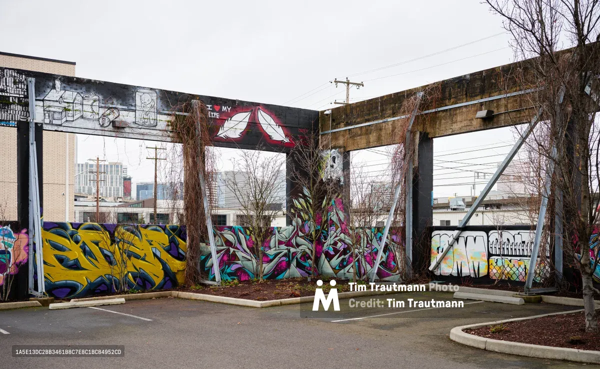 A vibrant corner of street art transforms the former Taylor Electric site in Portland's Hosford-Abernethy neighborhood, where commissioned murals by the Portland Street Art Alliance breathe new life into weathered concrete walls. Bold yellow and purple graffiti letters dance alongside botanical motifs and geometric patterns under an overcast Pacific Northwest sky. The juxtaposition of raw industrial architecture with explosive color creates a striking visual dialogue between urban decay and artistic renewal.