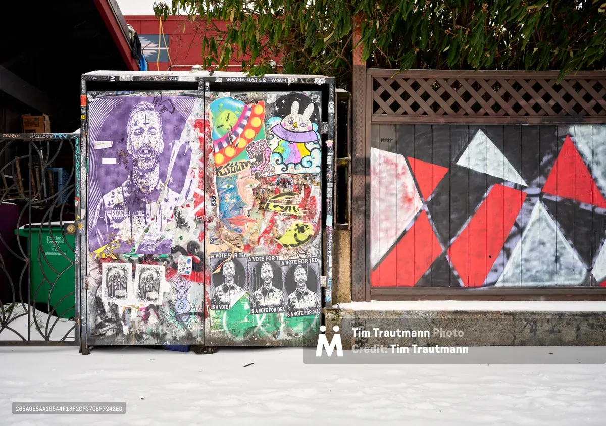 A weathered utility box on Northeast Alberta Street becomes an anarchic gallery of layered street art, where purple-toned portraits clash with geometric abstractions and political messaging. The chaotic paste-up collage contrasts sharply with the clean geometric mural on an adjacent wooden fence, creating a visual dialogue between controlled and spontaneous urban expression. Overhanging foliage from mature trees filters the daylight, casting dappled shadows across this Portland street art tableau.