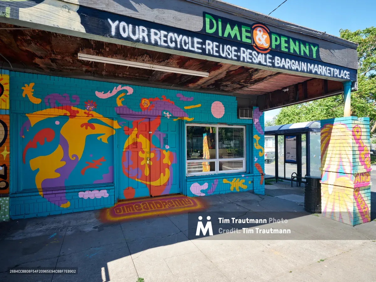 A vibrant turquoise storefront adorns the Dime A Penny recycle shop on Northeast 15th Avenue in Portland's Alberta district. The building bursts with psychedelic murals featuring whimsical creatures, abstract forms, and bold geometric patterns in electric oranges, purples, and yellows against the weathered wooden overhang. Afternoon sunlight bathes the concrete sidewalk, casting dramatic shadows that emphasize the contrast between the exuberant street art and the utilitarian urban architecture of this Northeast Portland neighborhood.