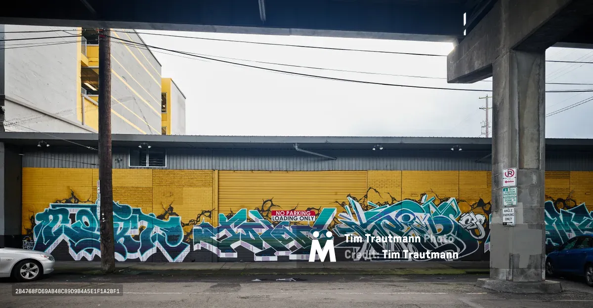 A sprawling graffiti mural stretches across mustard-yellow brick walls beneath a concrete overpass in Portland's Central Eastside industrial district. Teal and blue wildstyle letters flow dynamically across the weathered facade, punctuated by a red 'No Parking Loading Only' sign that becomes part of the composition. The overcast sky casts even light across the scene, while power lines and concrete pillars frame this sanctioned street art installation commissioned by the Portland Street Art Alliance.