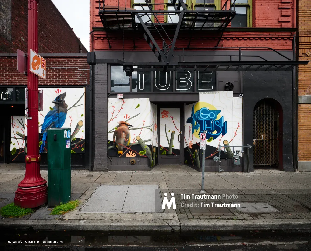 The Tube Nightclub stands shuttered in Portland's Old Town Historic District, its storefront windows covered with vibrant bird murals against a backdrop of weathered brick buildings and black fire escapes. The overcast daylight illuminates the desolate sidewalk where red emergency call boxes punctuate the urban stillness. This scene captures the profound impact of pandemic closures on nightlife venues in one of Portland's most historic entertainment districts.