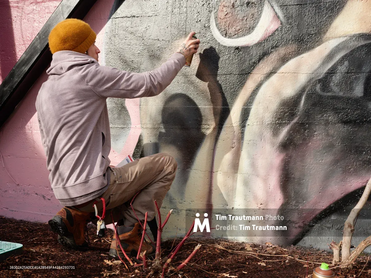 Muralist Wetiko crouches intently before a large-scale wall painting at Clay Creative in Portland's Hosford-Abernethy neighborhood, his mustard yellow beanie a warm contrast against muted earth tones. His shadow falls dramatically across the textured concrete surface as he applies careful brushstrokes to flowing letterforms rendered in soft pinks, grays, and creams. The intimate workspace is scattered with autumn leaves and art supplies, capturing the focused solitude of artistic creation in an urban studio environment.