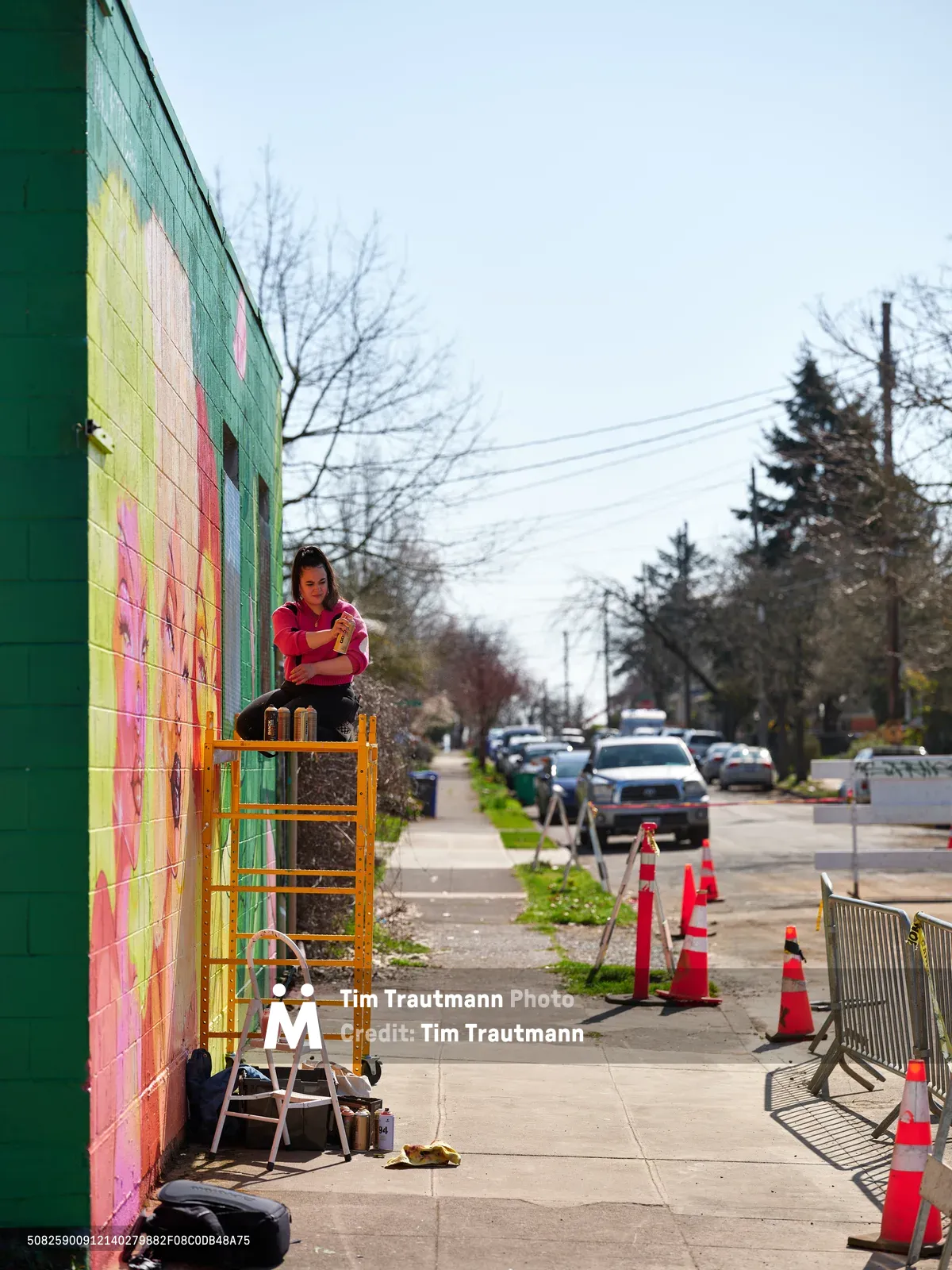 Multidisciplinary artist Vilatose perches on scaffolding while painting a vibrant mural along Northeast Alberta Street in Portland's Alberta Arts District. The spring afternoon scene captures the creative energy of this gentrifying neighborhood, with the artist in a red sweatshirt adding colorful geometric patterns to the mint green building facade. Orange traffic cones and construction barriers line the sidewalk while cars pass on the residential street lined with bare trees beginning to bud.
