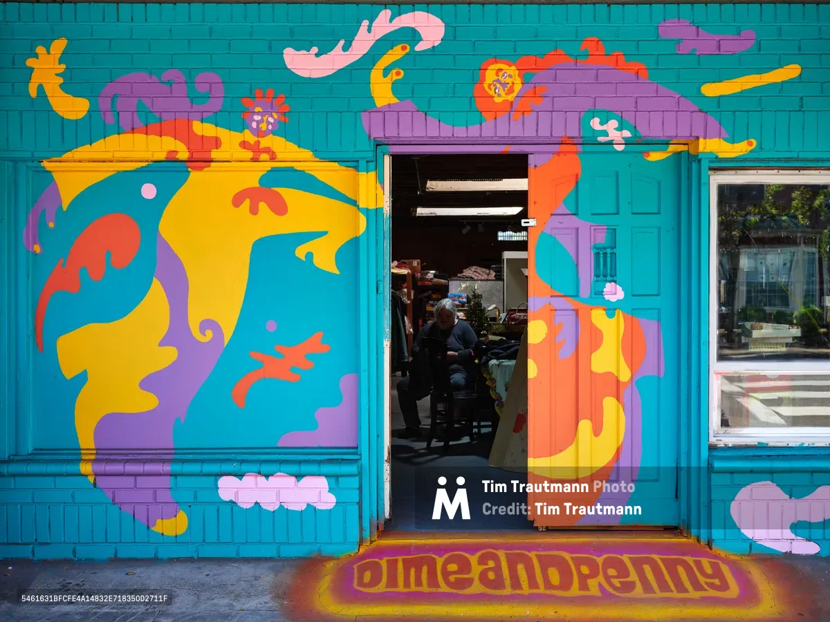 Artist Naomi Likayi's explosive mural transforms a turquoise storefront in Portland's Alberta Arts District into a portal of liquid imagination. Swirling forms in golden yellow, coral orange, and violet purple cascade across the facade like molten consciousness, while the open doorway reveals glimpses of the establishment's interior. The psychedelic composition pulses with organic energy against the structured geometry of painted brick, creating an inviting threshold between the everyday sidewalk and a realm of unbridled creativity.