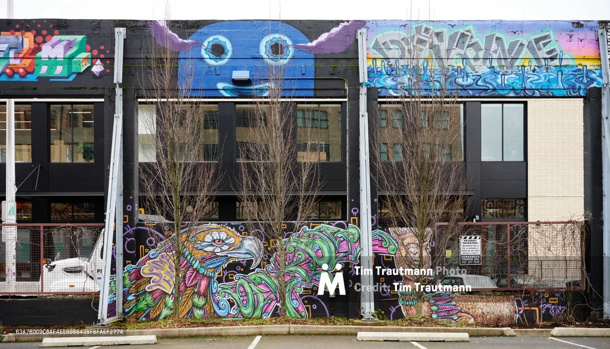 A kaleidoscope of commissioned street art adorns the facade of Clay Creative in Portland's Hosford-Abernethy neighborhood. Psychedelic creatures with swirling tentacles and mystical owls burst across the building's upper story, while geometric patterns and flowing organic forms cascade down to street level behind bare winter trees. The juxtaposition of industrial architecture and explosive artistic expression creates a striking visual dialogue between urban functionality and creative rebellion.