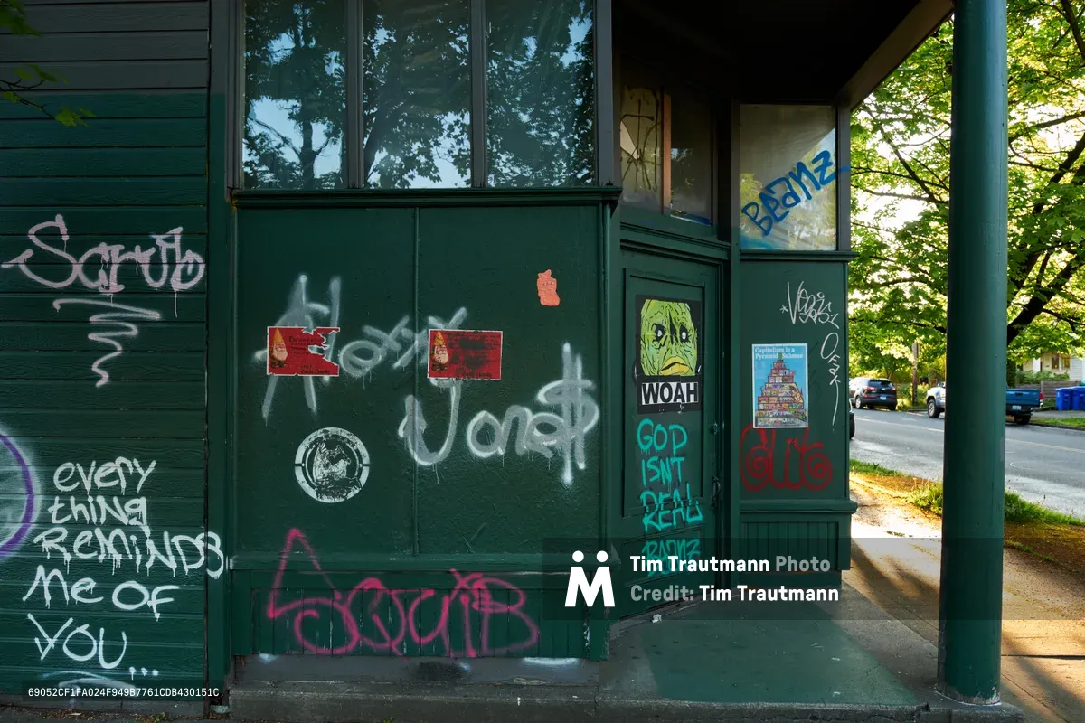 A weathered green corner building in Portland's Concordia neighborhood bears the layered markings of pandemic expression, where spray-painted messages and stickers create a dense palimpsest of social commentary. White and colored graffiti tags intermingle with philosophical fragments like "every thing reminds me of you" and "GOD ISNT REAL," while stickers and paste-ups punctuate the textured surfaces. Dappled sunlight filters through overhanging trees, casting gentle shadows across the urban canvas that speaks to isolation, connection, and the democratic nature of street art during lockdown.