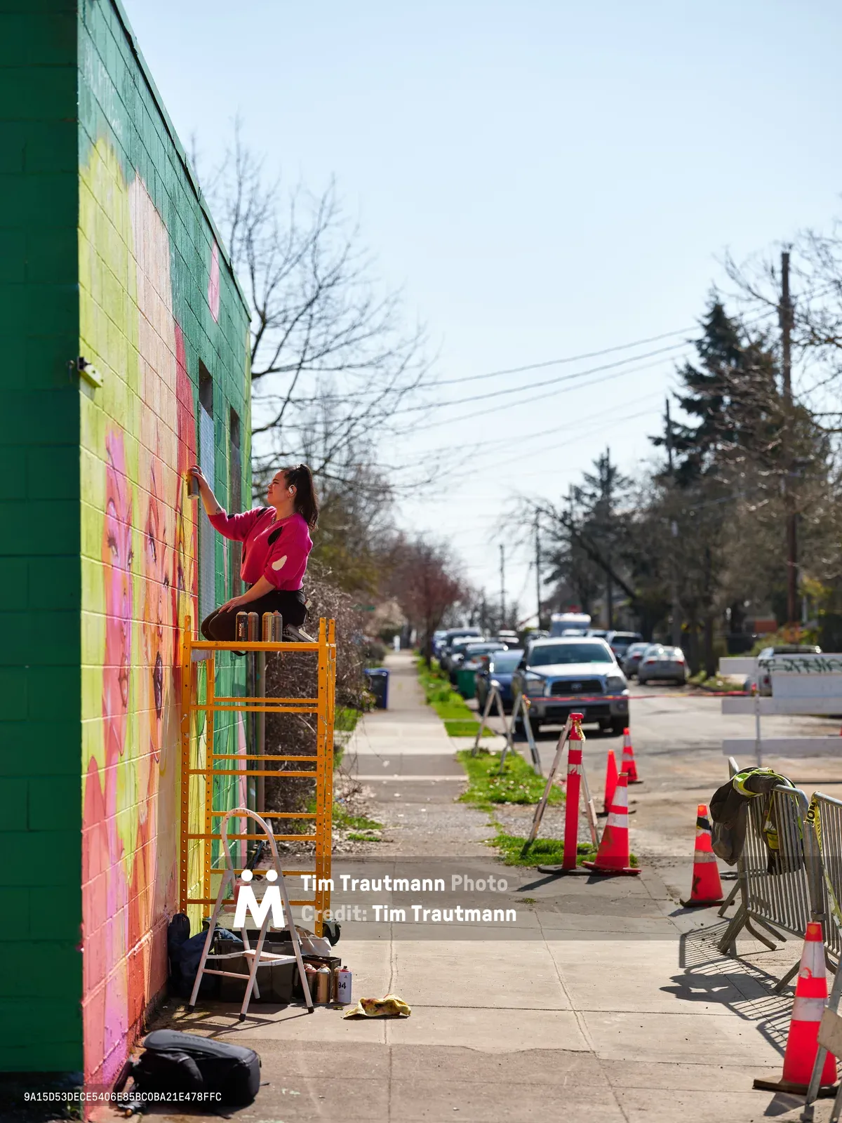 Multidisciplinary artist Vilatose perches on an orange scaffolding platform, painting vibrant geometric patterns onto the side wall of a building along Northeast Alberta Street in Portland's Alberta Arts District. The artist, wearing a bright pink sweatshirt, works methodically on the colorful mural featuring bold blocks of yellow, green, and coral against the overcast spring sky. Orange traffic cones line the sidewalk below, marking the creative workspace as neighborhood traffic flows past on the tree-lined street.