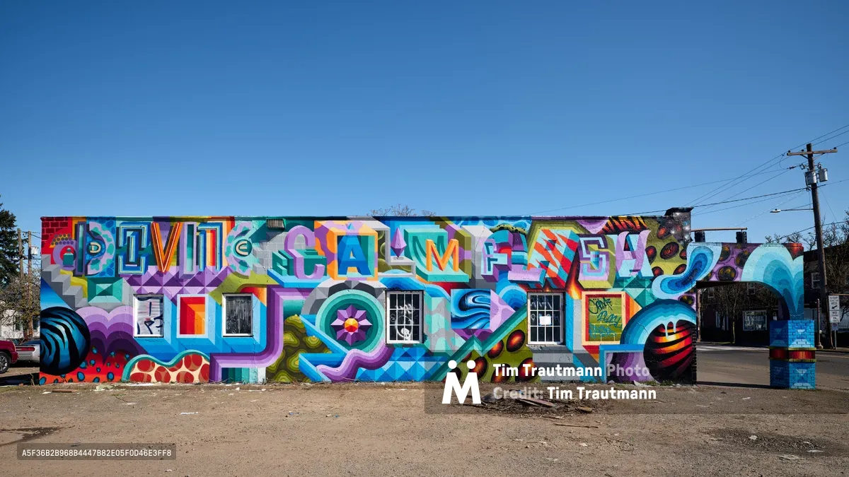 A vibrant geometric mural explodes across the entire facade of a single-story building in Portland's Alberta district, creating a mesmerizing tapestry of interlocking shapes and saturated colors. The street art features bold typography spelling "ALIVE" alongside abstract forms in electric blues, magentas, oranges, and greens that seem to pulse against the crystalline winter sky. Power lines slice horizontally through the composition while the building's original windows peek through the psychedelic geometry like portals.