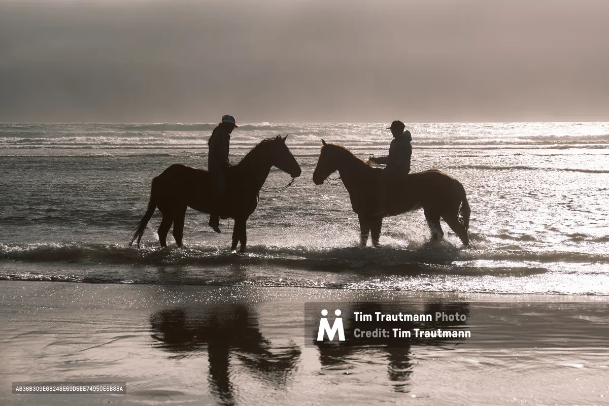 Two horseback riders emerge as stark silhouettes against the luminous Pacific surf near Wheeler, Oregon. The moody overcast sky casts a pewter glow across the wet sand, while gentle waves lap at the horses' hooves. Their dark forms create perfect reflections in the mirror-like tidal pools, capturing a moment of quiet communion between riders, horses, and the vast Oregon coastline.