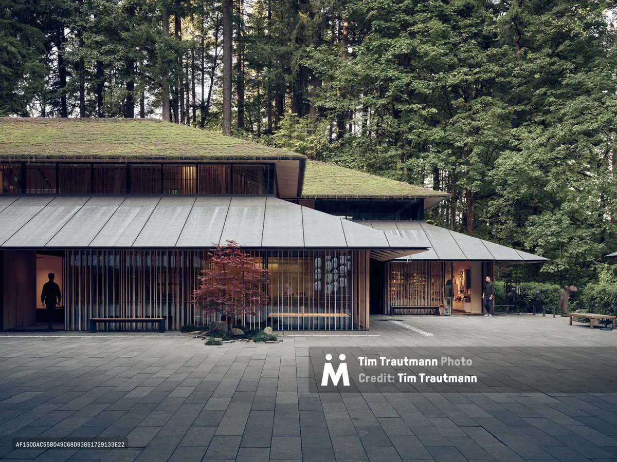 A striking contemporary pavilion emerges from the Portland Japanese Garden, its grass-covered living roof seamlessly blending into the surrounding Pacific Northwest forest. The building's modernist design features vertical wooden slats, metal roofing, and floor-to-ceiling windows that reveal warm interior lighting at dusk. A solitary figure silhouetted in the left entrance adds human scale to the architectural composition, while a crimson Japanese maple provides a delicate counterpoint to the structure's bold horizontal lines.