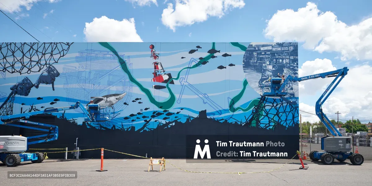 Artists Jeremy Nichols and Devin Finley command blue scissor lifts as they paint an expansive maritime-themed mural along a Southeast Portland wall. The oceanic composition features flowing kelp, schooling fish, a red tugboat, and industrial waterfront elements rendered in vibrant blues and teals against dramatic storm clouds. Safety barriers and construction equipment frame the active creation process, capturing the ambitious scale of this Portland Street Art Alliance commission in the Central Eastside district.