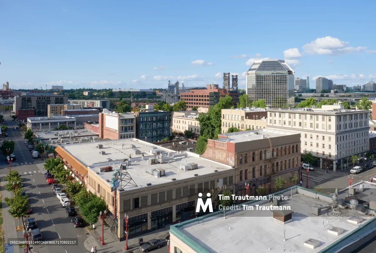 An elevated perspective captures Portland's Historic Chinatown district on a brilliant summer afternoon, where century-old brick buildings with ornate facades stand alongside modern glass towers. The warm golden light bathes the mixed-use streetscape, revealing the neighborhood's layered architectural evolution from historic commercial blocks to contemporary urban development. Tree-lined streets create geometric patterns between the vintage storefronts and newer residential buildings, while the distinctive domed tower of a prominent downtown building punctuates the distant skyline.