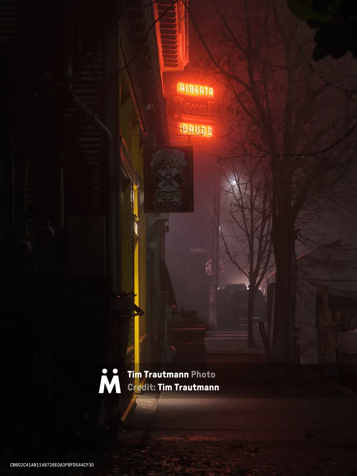 The iconic red neon signage of Alberta Rexall Drugs pierces through dense December fog on Northeast Alberta Street in Portland's Concordia neighborhood. Vintage pharmacy signs cast an amber glow against the misty darkness, while bare winter branches frame the atmospheric scene. A tattoo shop sign below adds to the eclectic character of this historic commercial corridor, creating a moody nocturnal tableau that captures the essence of Pacific Northwest winter evenings.