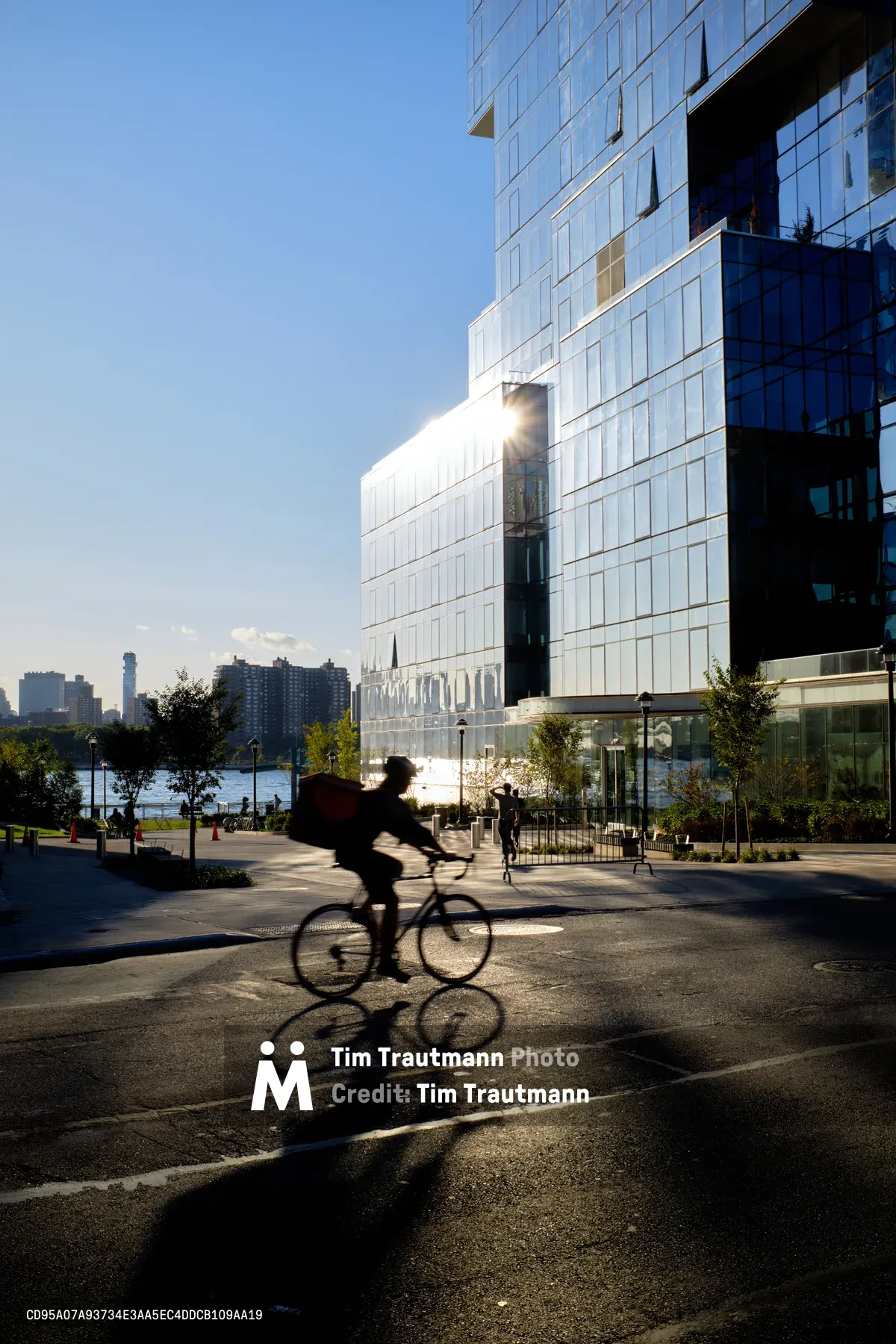 A silhouetted cyclist glides through the dappled shadows of Kent Avenue as late afternoon sun blazes between towering glass residential buildings along Brooklyn's East River waterfront. The dramatic backlighting creates sharp geometric patterns on the pavement while the gleaming facades of modern high-rises reflect the golden hour radiance. Pedestrians stroll leisurely in the background, framed by manicured landscaping and the distant Manhattan skyline across the water.