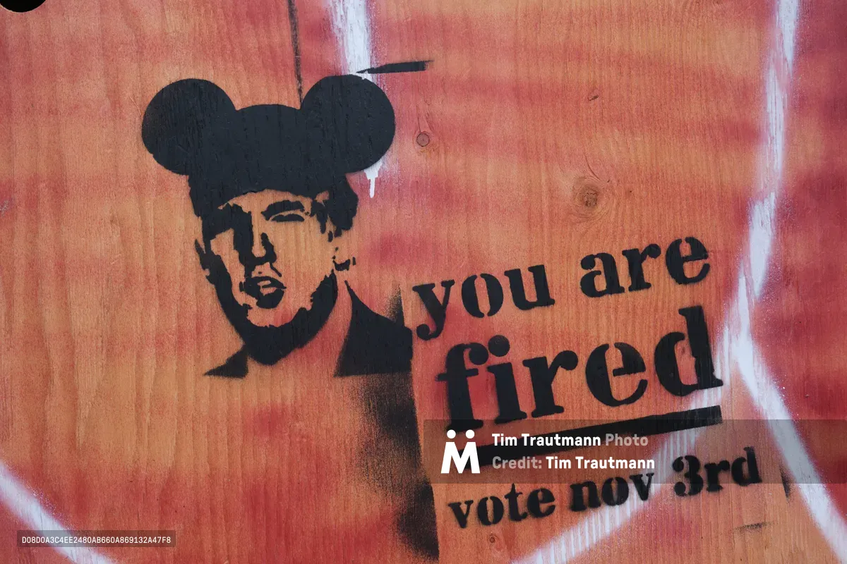 A provocative stencil graffiti piece adorns weathered plywood covering a boarded storefront on Southeast Hawthorne Boulevard in Portland's Richmond neighborhood. The artwork depicts Donald Trump wearing Mickey Mouse ears with the bold declaration "you are fired" and "vote nov 3rd" beneath, rendered in stark black against the warm coral-toned wood grain. Natural light illuminates the urban commentary, highlighting both the texture of the protective boarding and the anonymous artist's political statement during what appears to be election season.