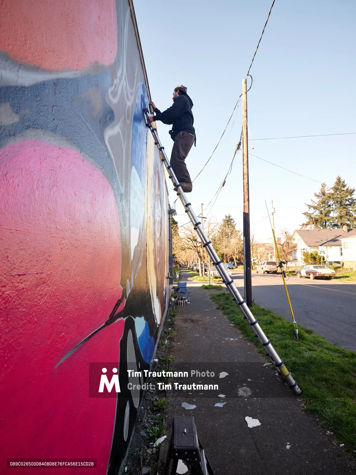 Street artist Travis Fields, known as campographic, climbs a silver extension ladder to work on a vibrant mural of poet Amanda Gorman in Portland's Alberta neighborhood. The afternoon light illuminates swirling pink, coral, and blue paint across the building's white facade as the artist works methodically on the large-scale tribute. Power lines cross the clear sky above this residential intersection, while scattered paint remnants on the weathered sidewalk below tell the story of artistic creation in progress.