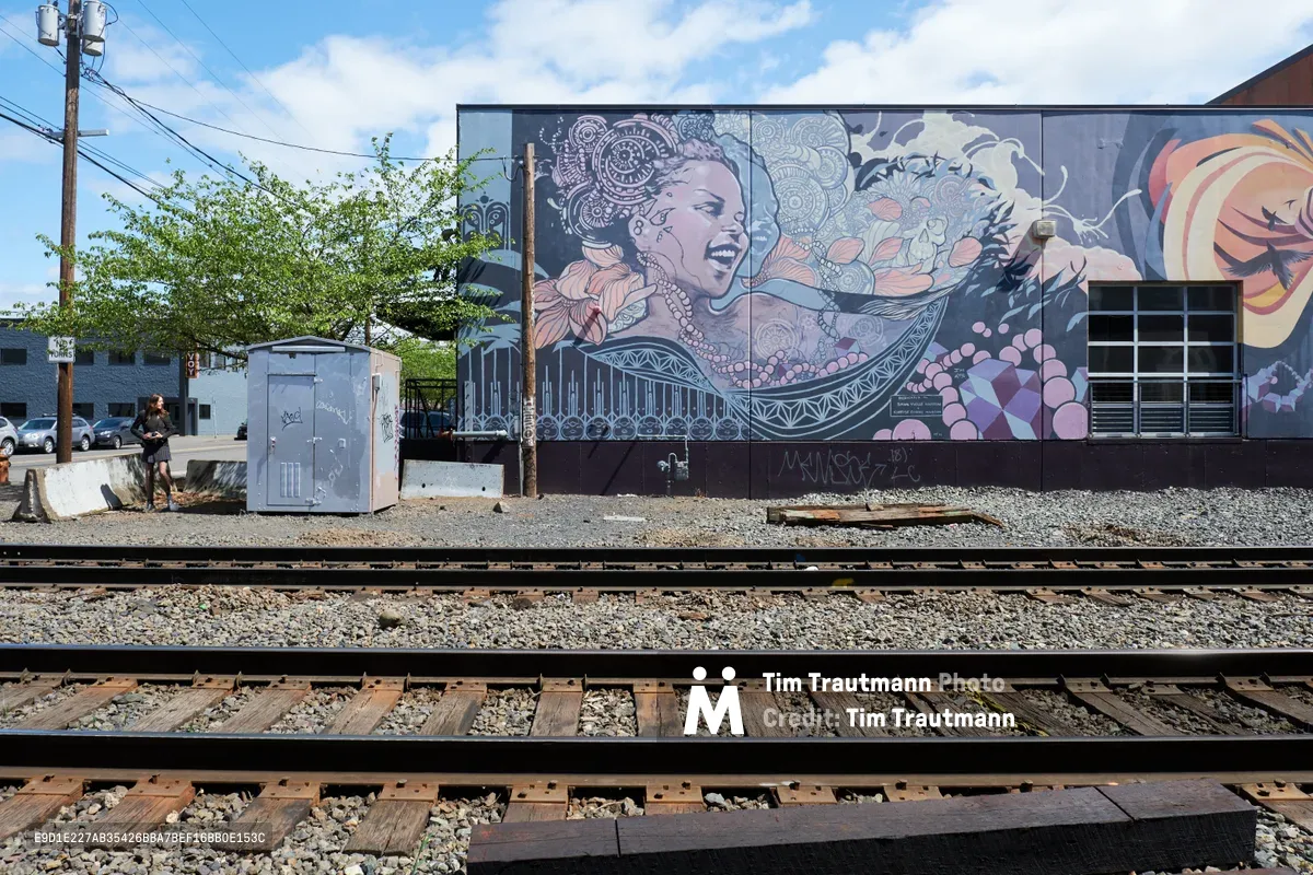 A vibrant street mural depicting an ethereal goddess figure adorned with intricate mandala headdress dominates the side of an industrial building in Portland's Buckman neighborhood. The artwork features flowing purple and coral-toned waves interwoven with ornate geometric patterns, creating a dreamlike narrative across the weathered concrete wall. Railway tracks cut through the foreground, their steel rails gleaming under the Pacific Northwest's filtered daylight, while power lines and urban infrastructure frame the scene. The juxtaposition of sacred feminine imagery against the industrial railway corridor captures the transformative power of public art in urban spaces.