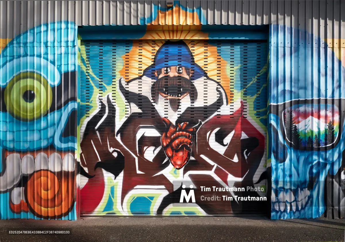 A vibrant street mural transforms a corrugated metal storefront in Portland's Central Eastside, featuring a central wizard figure with flowing beard and mystical elements surrounded by colorful skull motifs and piercing eyes. The commissioned artwork by the Portland Street Art Alliance creates a striking kaleidoscope of blues, oranges, and earth tones against the industrial ribbed surface. Daylight illuminates the intricate details and bold geometric patterns that flow seamlessly across the metallic canvas.