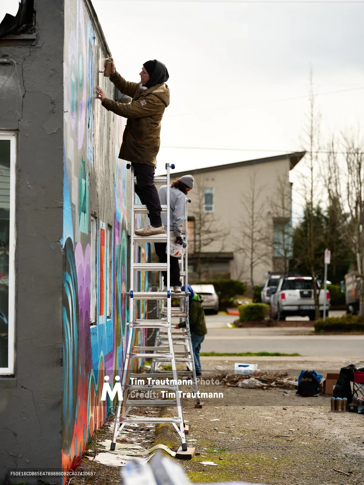 A dedicated muralist in a brown winter jacket stretches across a ladder to add vibrant brushstrokes to an evolving street art piece on a gray building wall. The scene captures the intimate process of community art creation on an overcast Northeast Portland afternoon, with residential buildings and bare winter trees providing a quiet suburban backdrop. Paint supplies and materials scatter across the ground below, while a second artist works nearby, testament to the collaborative spirit of neighborhood beautification projects.