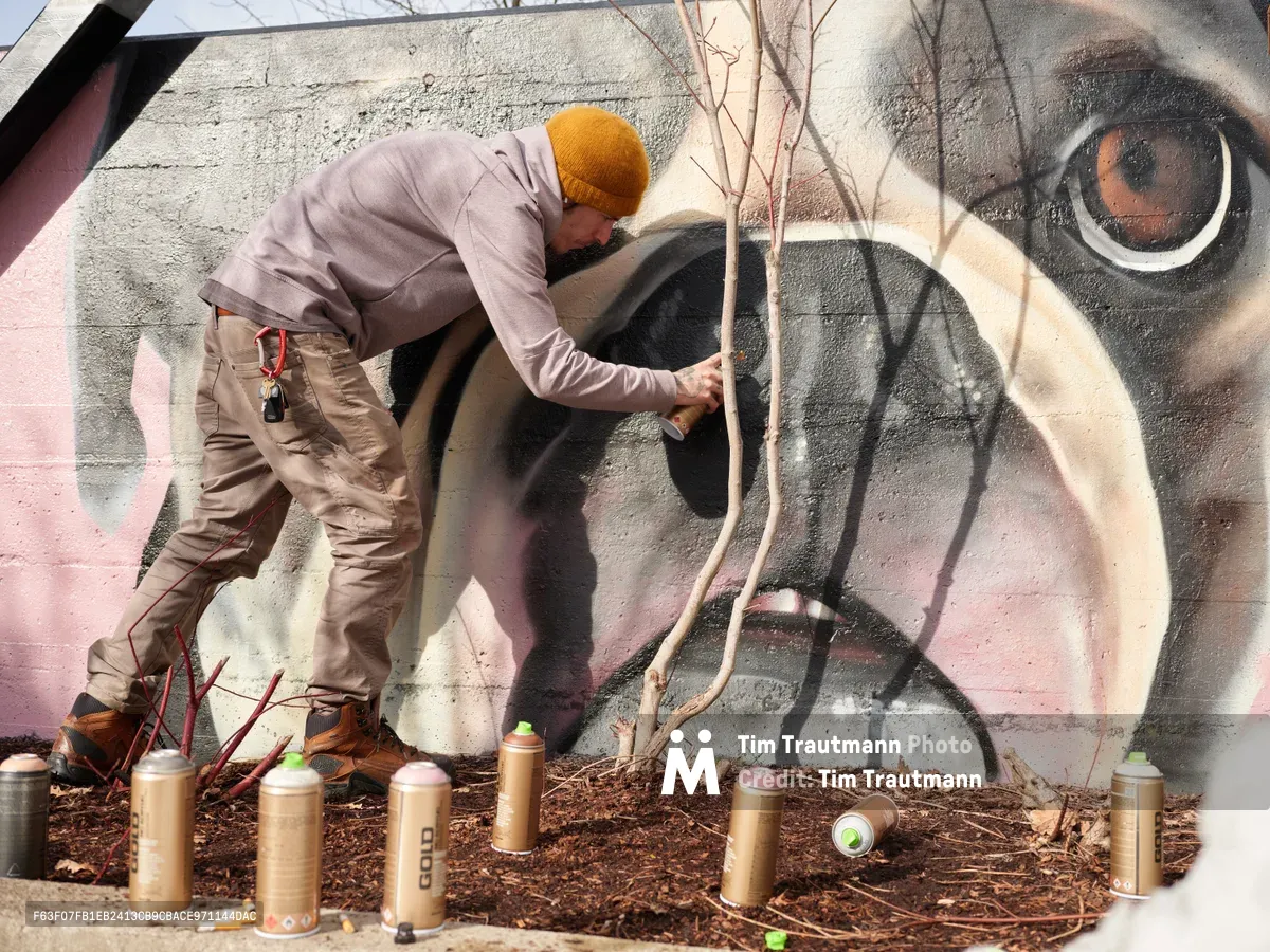 Muralist Wetiko works intently on a large-scale wall painting at Clay Creative in Portland's Hosford-Abernethy neighborhood, his golden beanie catching the natural light as he tends to a newly planted sapling. The dramatic mural features piercing eyes and flowing organic forms in muted earth tones, while an array of spray paint cans lies scattered across the soil-covered ground. The scene captures the intersection of urban art and environmental consciousness, with the artist nurturing both creative and natural growth.