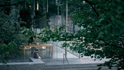 Through a natural veil of summer foliage, figures sit absorbed in their device on the sleek concrete steps of Apple's Pioneer Place store in downtown Portland. The scene captures the juxtaposition between organic nature and digital technology, as verdant maple leaves frame the modern glass-and-steel architecture. Warm afternoon light filters through the canopy, creating dappled shadows that soften the stark minimalism of the retail space's interior, where blonde wood tables and contemporary seating await customers.