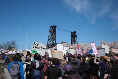 A diverse crowd of protesters fills the concrete steps along Northwest Naito Parkway in Portland's Old Town, their handmade signs creating a tapestry of dissent against the azure spring sky. The iconic Steel Bridge's weathered towers loom behind the demonstration, while delicate cherry blossoms frame the scene in pale pink contrast to the industrial backdrop. Protesters of all ages clutch homemade placards declaring messages like "Eco Socialism" and "No Kings," their collective voices rising beneath the bridge's steel latticework in this riverside gathering of democratic resistance.