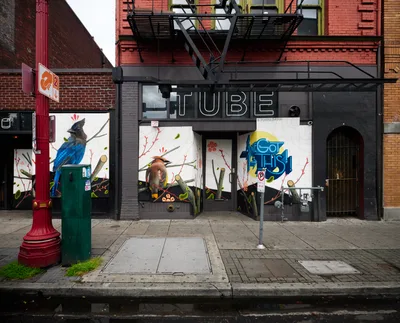 The Tube Nightclub stands shuttered in Portland's Old Town Historic District, its storefront windows covered with vibrant bird murals against a backdrop of weathered brick buildings and black fire escapes. The overcast daylight illuminates the desolate sidewalk where red emergency call boxes punctuate the urban stillness. This scene captures the profound impact of pandemic closures on nightlife venues in one of Portland's most historic entertainment districts.