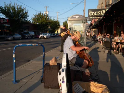 Street Musicians Perform on Portland's Hawthorne Boulevard