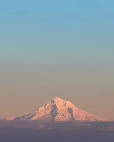 Mount Hood's snow-covered peak glows with warm alpenglow light against a serene gradient sky transitioning from blue to rose. Photographed from Council Crest in Portland's Southwest Hills, the volcanic mountain appears to float above the darkened foothills in the distance. The golden hour lighting creates a striking contrast between the illuminated summit and the purple-tinted shadows below, capturing the iconic Oregon Cascade peak in its most ethereal moment.