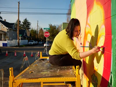Artist Painting Jardín Cubana Mural Alberta Street