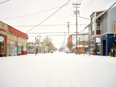 A blanket of pristine snow transforms Northeast Alberta Street in Portland's Alberta Arts District into a hushed winter tableau. The eclectic mix of colorful storefronts - from the mint green corner shop to modern mixed-use buildings - stands muted against the overcast sky, while power lines create geometric patterns overhead. Bare trees punctuate the scene as a lone vehicle navigates the snow-covered street, capturing the quiet beauty of an urban neighborhood in winter's grip.
