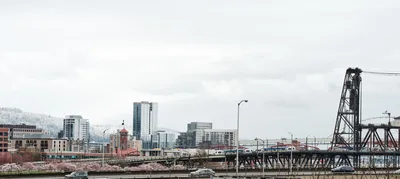Delicate cherry blossoms in soft pink create a foreground curtain against Portland's modern cityscape, viewed from the Burnside Bridge area. The overcast Oregon sky bathes the scene in diffused light, while the iconic steel drawbridge structure anchors the right side of the composition. Mid-rise buildings and hotels punctuate the urban core, their glass and concrete forms contrasting with the ephemeral beauty of spring's arrival. The juxtaposition captures Portland's character—where natural cycles persist alongside urban development.
