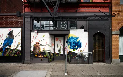 The storefront of Tube nightclub in Portland's Old Town district stands barricaded behind wooden boards adorned with vibrant street art featuring birds and botanical motifs. The establishment's bold white lettering contrasts against the dark facade, while fire escapes cast geometric shadows across the brick buildings above. This urban scene captures the cultural pause of nightlife venues during the COVID-19 lockdown period.