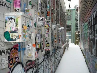 A narrow snow-dusted alleyway in Portland's Alberta Arts District transforms into an impromptu gallery where countless stickers and tags blanket electrical utility meters and concrete walls. The densely layered street art creates a vibrant patchwork of color against weathered gray surfaces, while fresh snow accumulates along the walkway edges. The perspective draws the eye down the corridor between buildings, where utility infrastructure becomes the canvas for an ever-evolving display of urban expression.