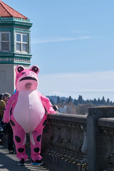 Pink Protest Figure on Burnside Bridge