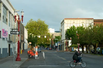 Morning Cyclist in Portland's Historic Chinatown