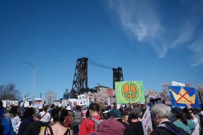 Hundreds of demonstrators gather beneath Portland's iconic Steel Bridge on Northwest Naito Parkway, their colorful protest signs creating a vibrant tapestry against the industrial backdrop. A prominent green peace symbol banner cuts through the crowd while cherry blossoms frame the scene, their delicate pink petals contrasting with the raw steel lattework above. The crystalline blue sky and brilliant spring light illuminate this grassroots political action, capturing the intersection of urban infrastructure and democratic expression in Oregon's largest city.