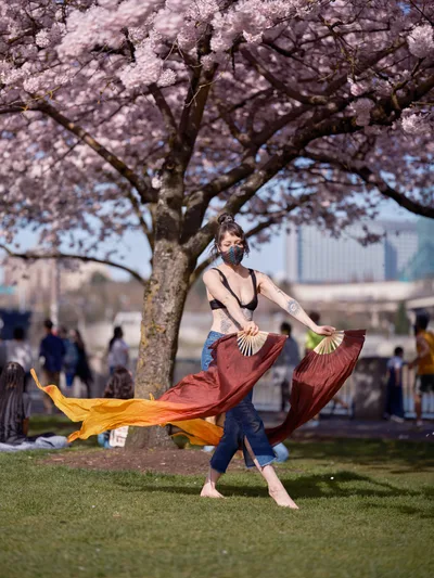 A masked performer dances barefoot on emerald grass beneath the ethereal canopy of cherry blossoms at Tom McCall Waterfront Park in Portland's Old Town. The dancer's flowing silk fans catch the golden sunlight as they billow in shades of burgundy and amber, creating a mesmerizing display of movement against the delicate pink sakura blooms. Urban park visitors gather in the soft-focused background, while the cityscape beyond frames this moment where art meets nature in Portland's historic district.