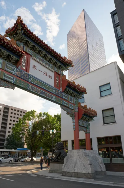 Traditional Gate Meets Modern Portland Skyline