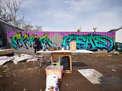 Artist's Workspace Behind Vibrant Northeast Portland Mural