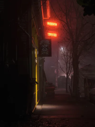 Neon Glow Through Portland Winter Fog