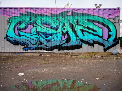 Aqua Wildstyle Reflects in Northeast Portland Puddle