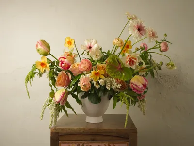 A carefully composed floral arrangement bursts with seasonal Pacific Northwest blooms in a cream ceramic vessel. The collection features coral ranunculus, sunshine-yellow daffodils, blush tulips, and cascading white pieris, punctuated by verdant foliage that speaks to Portland's fertile growing season. Soft natural light bathes the arrangement against a warm neutral backdrop, creating gentle shadows that emphasize the organic curves and delicate textures of each bloom.